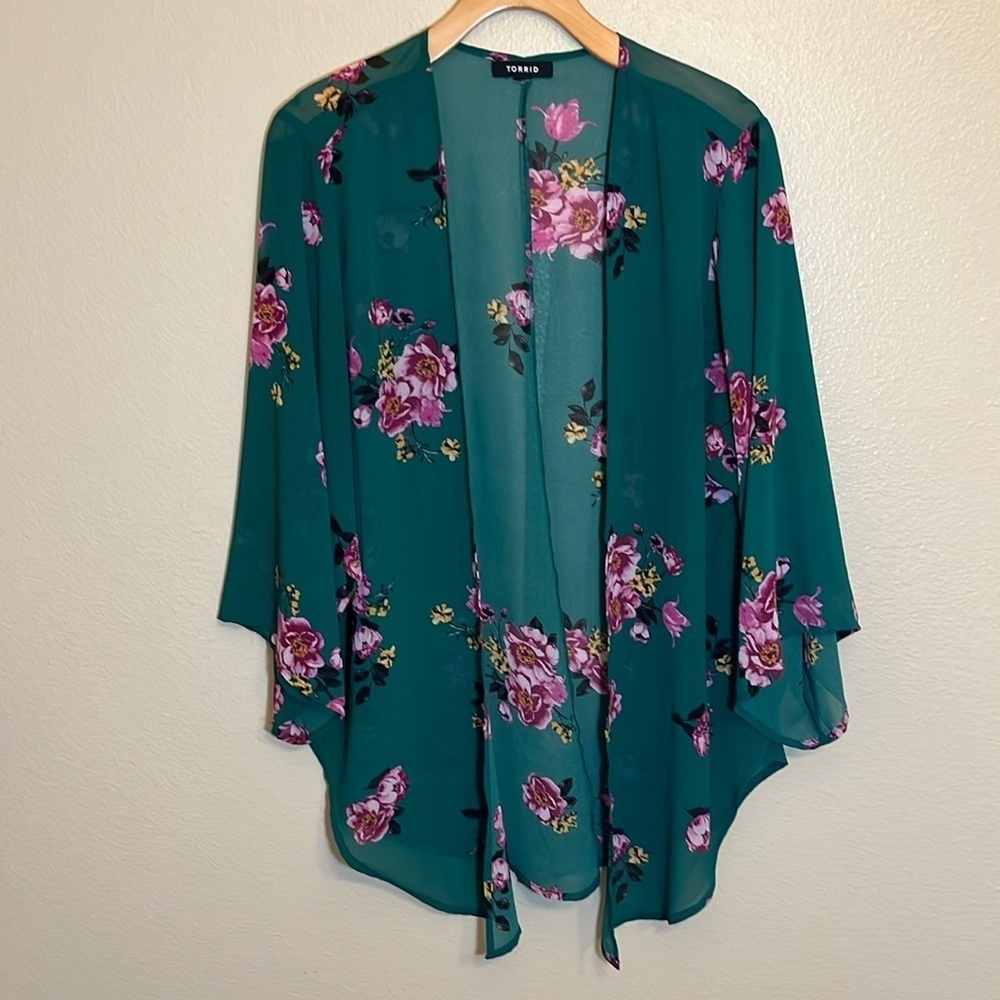 Torrid Green Floral Open Front Sheer Shirt